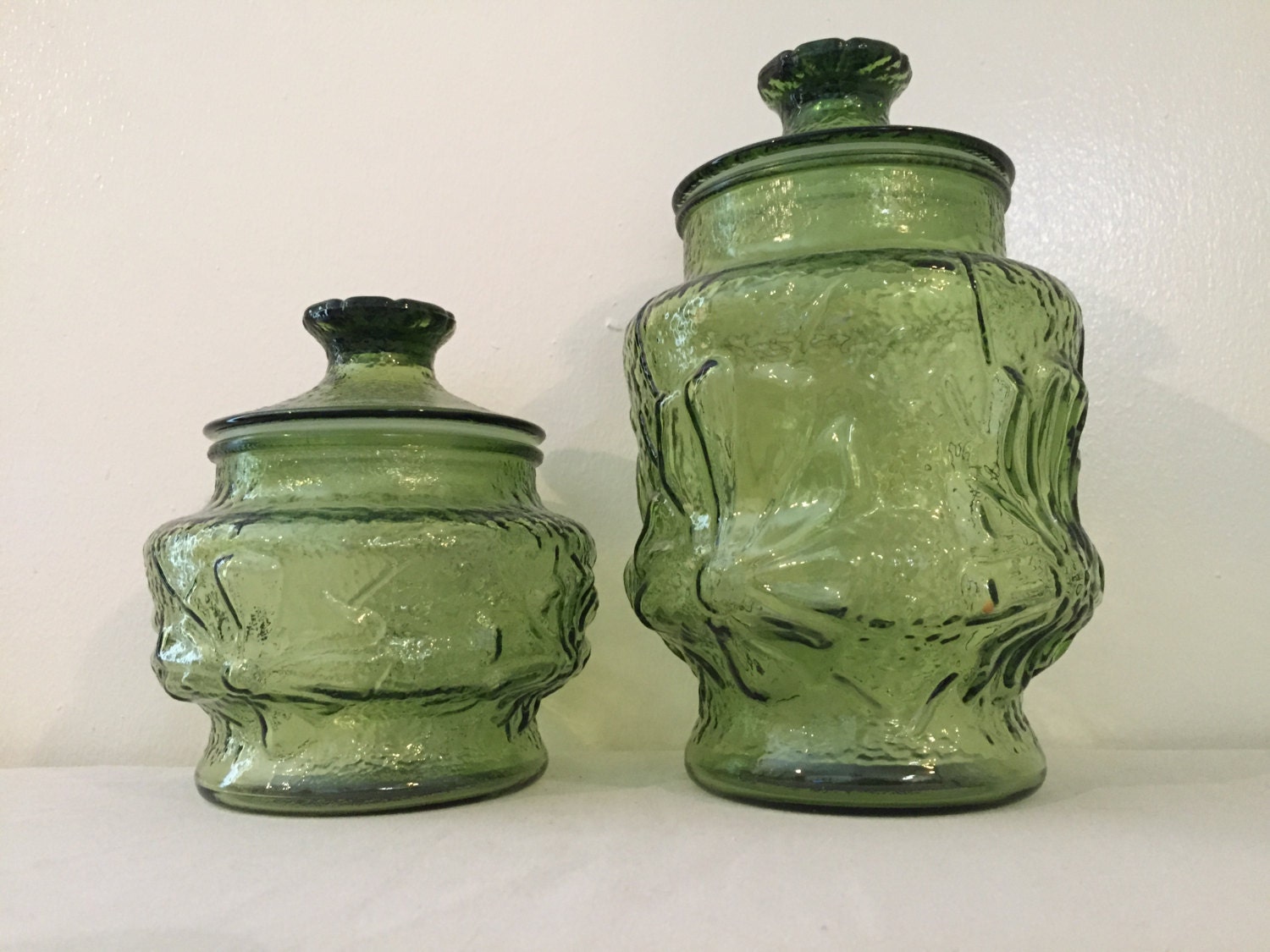 Vintage Green Glass Canister Set of Two With Flower Design