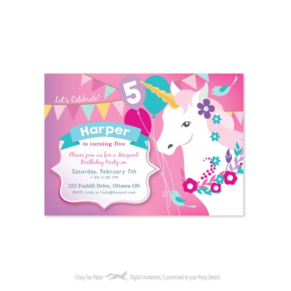 unicorn birthday invitation printable customized pink