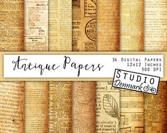 Antique Papers Digital Pack - 14 Vintage Ephemera Papers / Newspaper / Dictionary Pages - Commercial Use - Instant Download