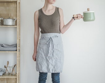 Linen half apron. Washed ice blue/silver grey, natural, eco - friendly, handmade linen apron.