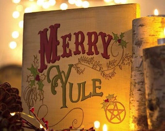 Merry Yule. Hand painted, wooden sign.