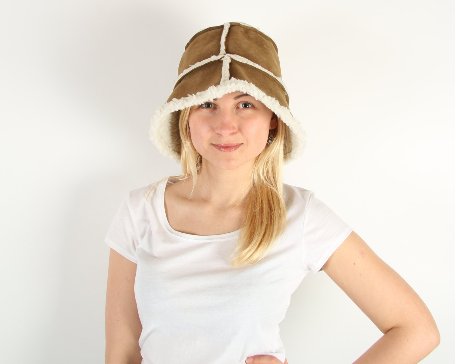 Vintage Faux Fur Hat Camel Brown Unisex Bucket Hat Brown Casual Warm