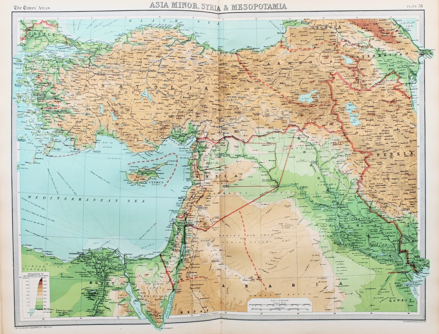 Huge 1922 Antique Map Middle East Turkey Syria Persia