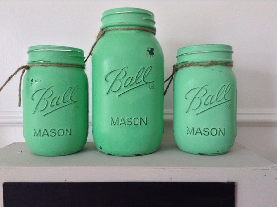 Items similar to Painted Mason jars painted in a custom mix green chalk ...