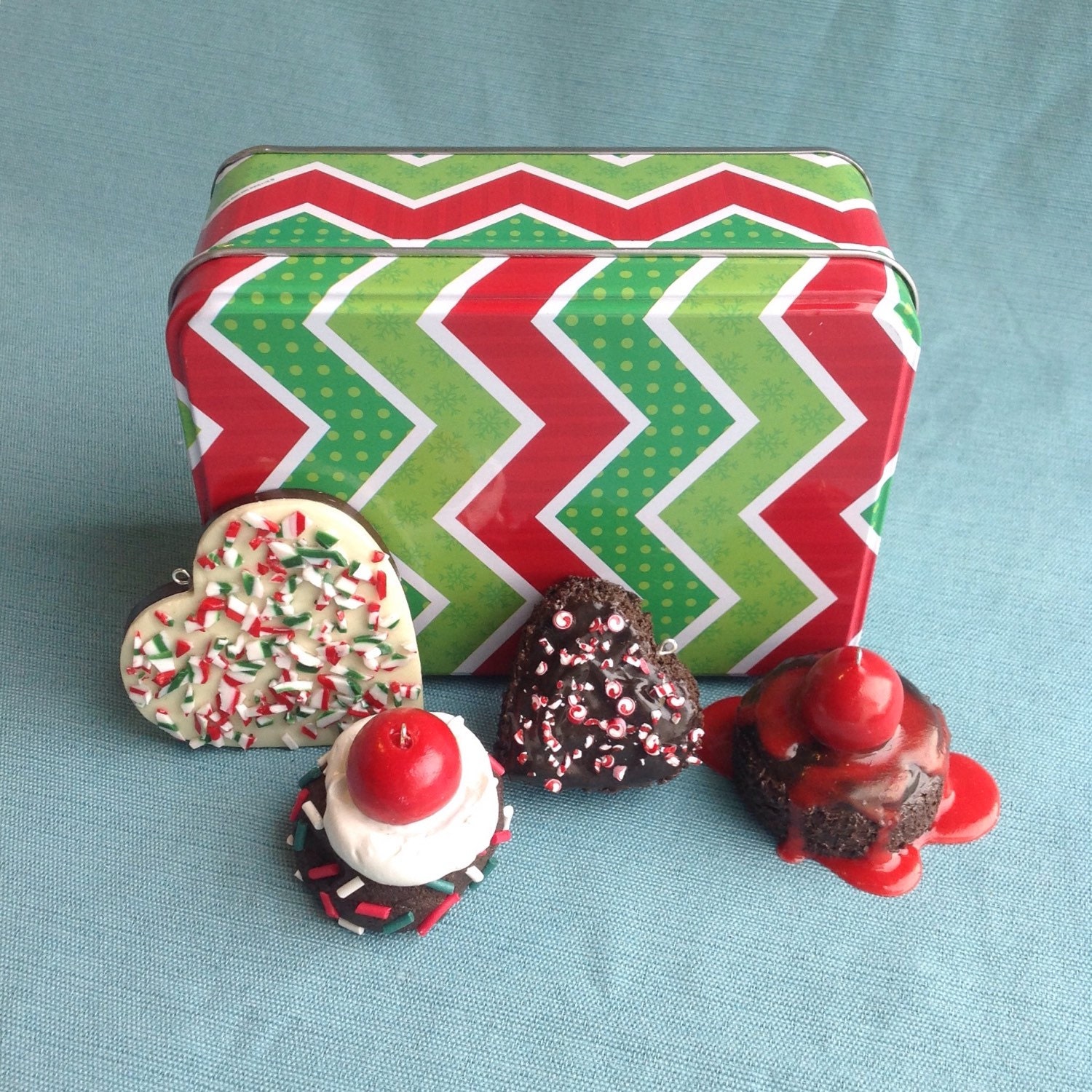 4 chocolate pastry christmas ornaments in a tin holiday gift 4 chocolate pastry christmas ornaments in a tin holiday gift