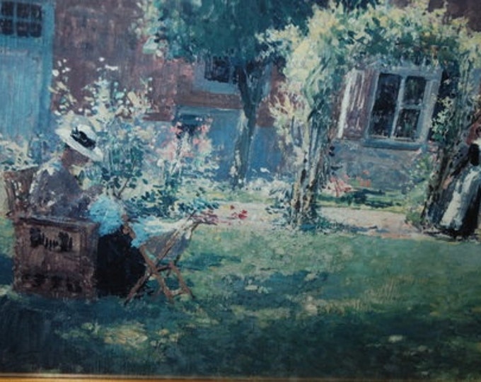 Storewide 25% Off SALE Large Vintage Print of a beautiful spring country English garden featuring old ladies enjoying the lovely grounds