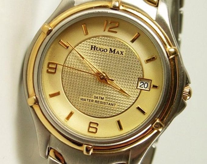 Storewide 25% Off SALE Vintage Gentleman's Hugo Max 18k gold plated watch with silver trim accent and classic gold tone bezel