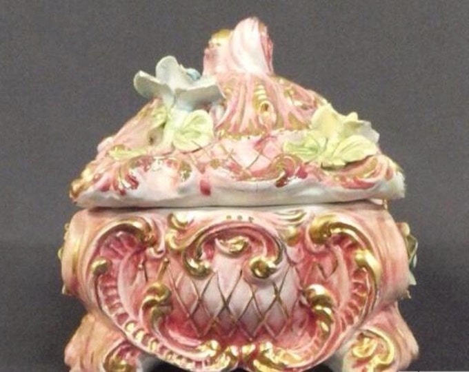 Storewide 25% Off SALE Vintage Porcelain Capodimonte Inspired Footed Lidded Jewelry Box Featuring Rose Flowers With Gold Swirl Accents in Lo