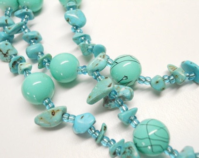 Storewide 25% Off SALE Beautiful Vintage Turquoise Beaded & Glass Beaded Endless Stranded Designer Necklace Featuring Beautiful Sky Blue Tri