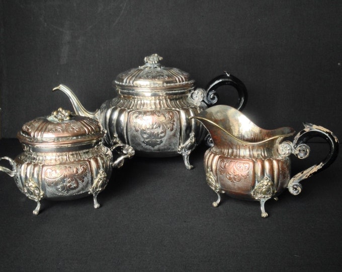 Storewide 25% Off SALE Antique 19th C British Footed Silver Tea Service W/ Teapot, Creamer & Lidded Sugar Bowl Featuring Elegant Patterns W/