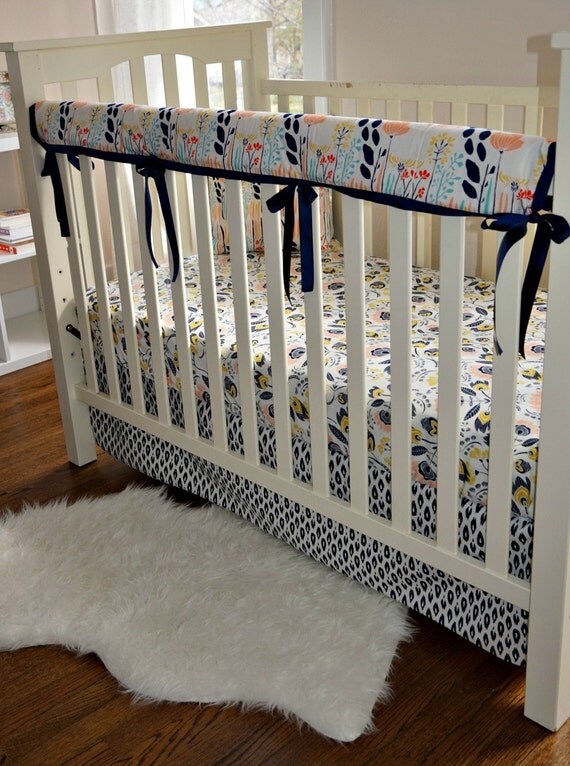 Items similar to Peach and Navy Floral Crib Bedding, Navy ...