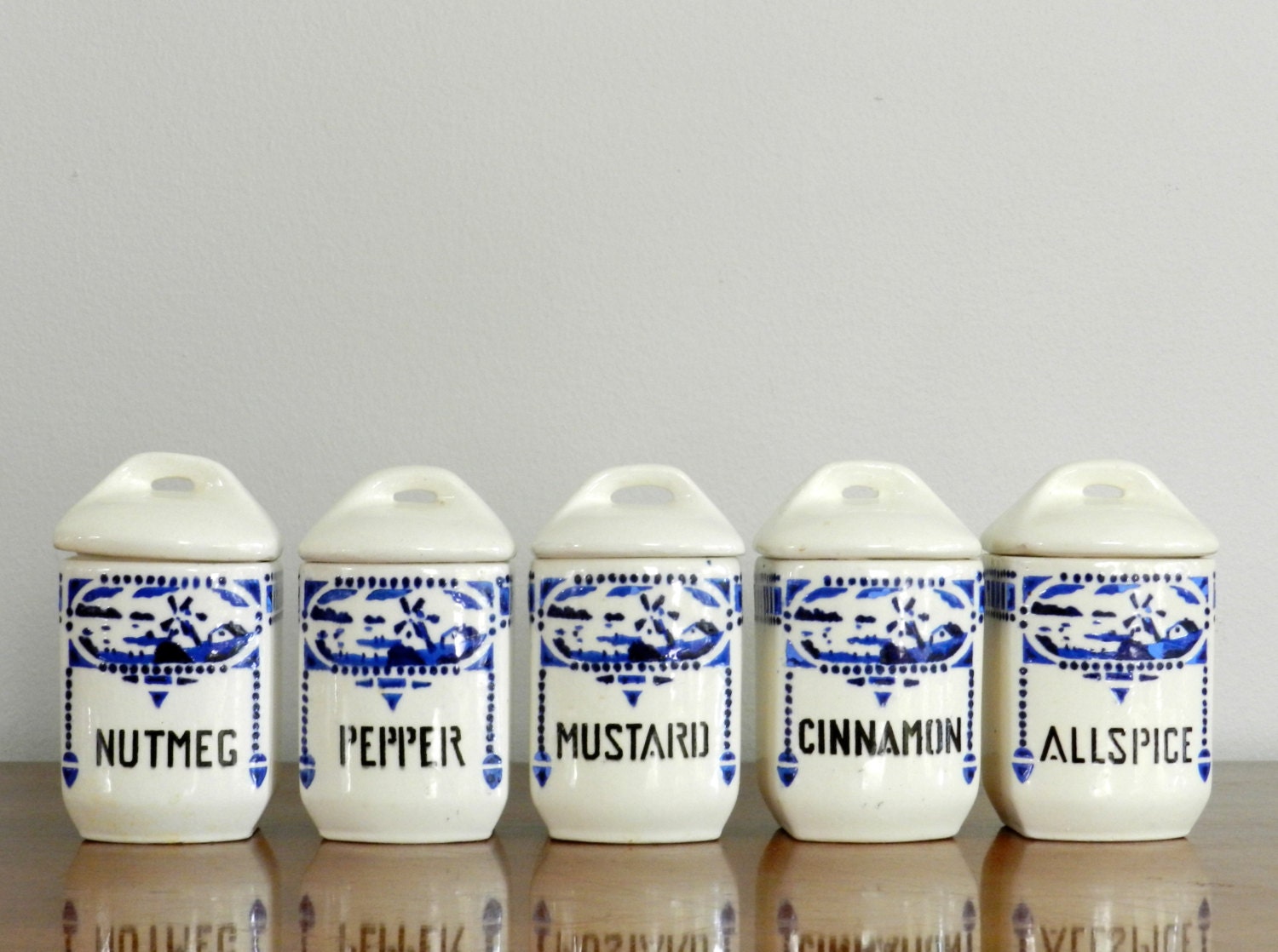 Vintage Spice Jars Ceramic Spice Set Canisters Blue White