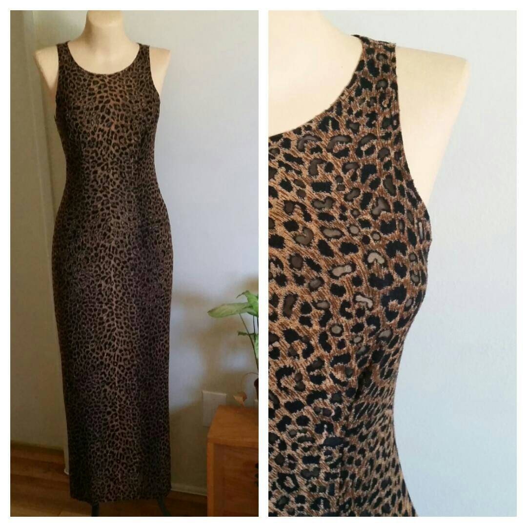 Vintage 80s 90s Leopard Print Form Fitted Maxi Dress with sheer spots ...