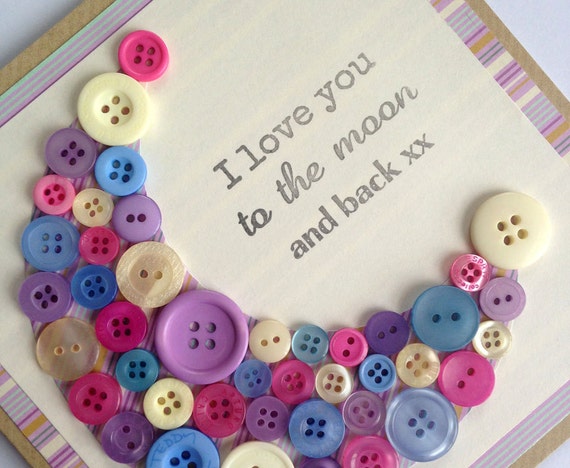 I Love You to the Moon and Back Card - Button Art Card - Mum Birthday - Purple Card - Girlfriend Birthday - Christening Card - Handmade Card