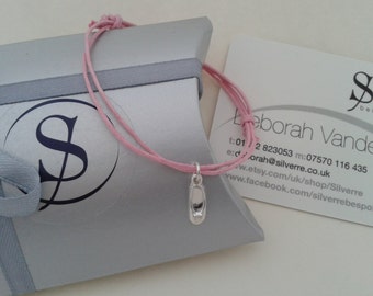 Solid Silver Ballet Slipper Charm, Waxed Cotton Adjustable Silver Charm Bracelet, Silver Ballet Shoe, UK Seller.