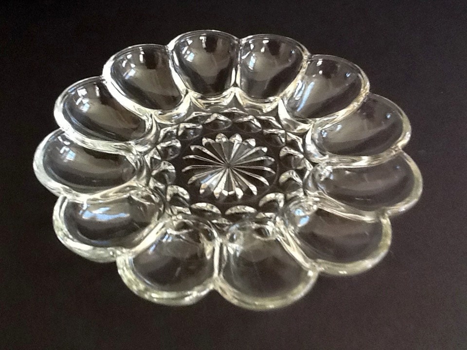 Pressed Glass Deviled Egg Serving Plate 10 Round