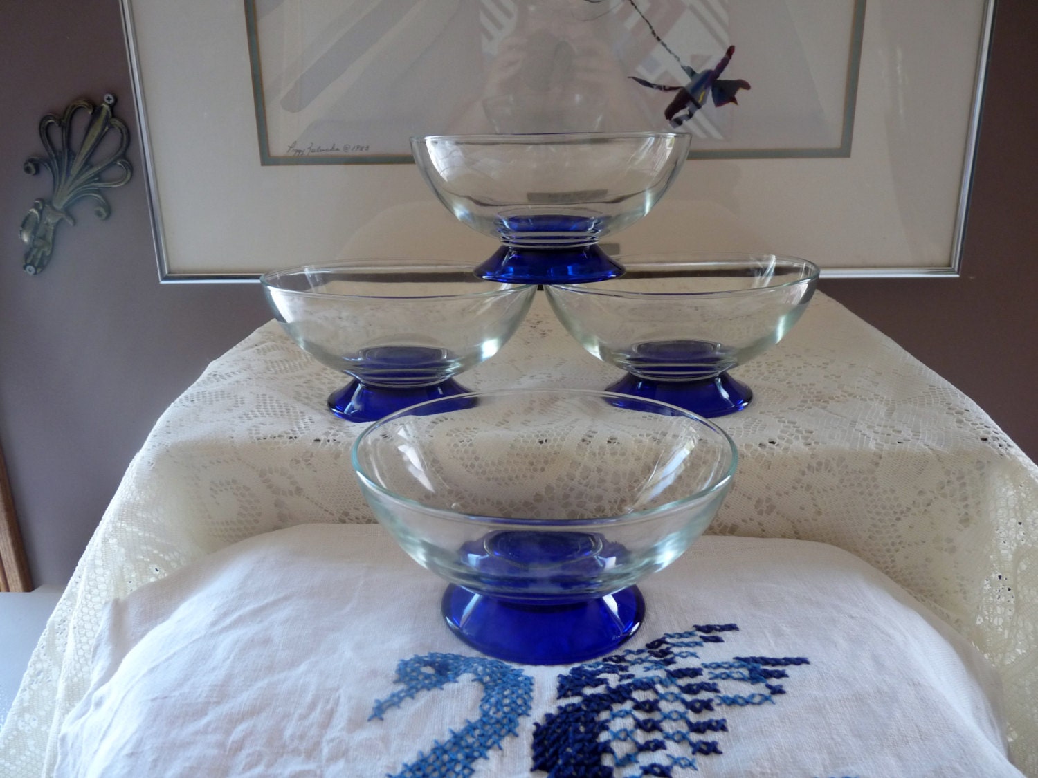 Set Of 4 Vintage Cobalt Blue Clear Glass Dessert Dishes For