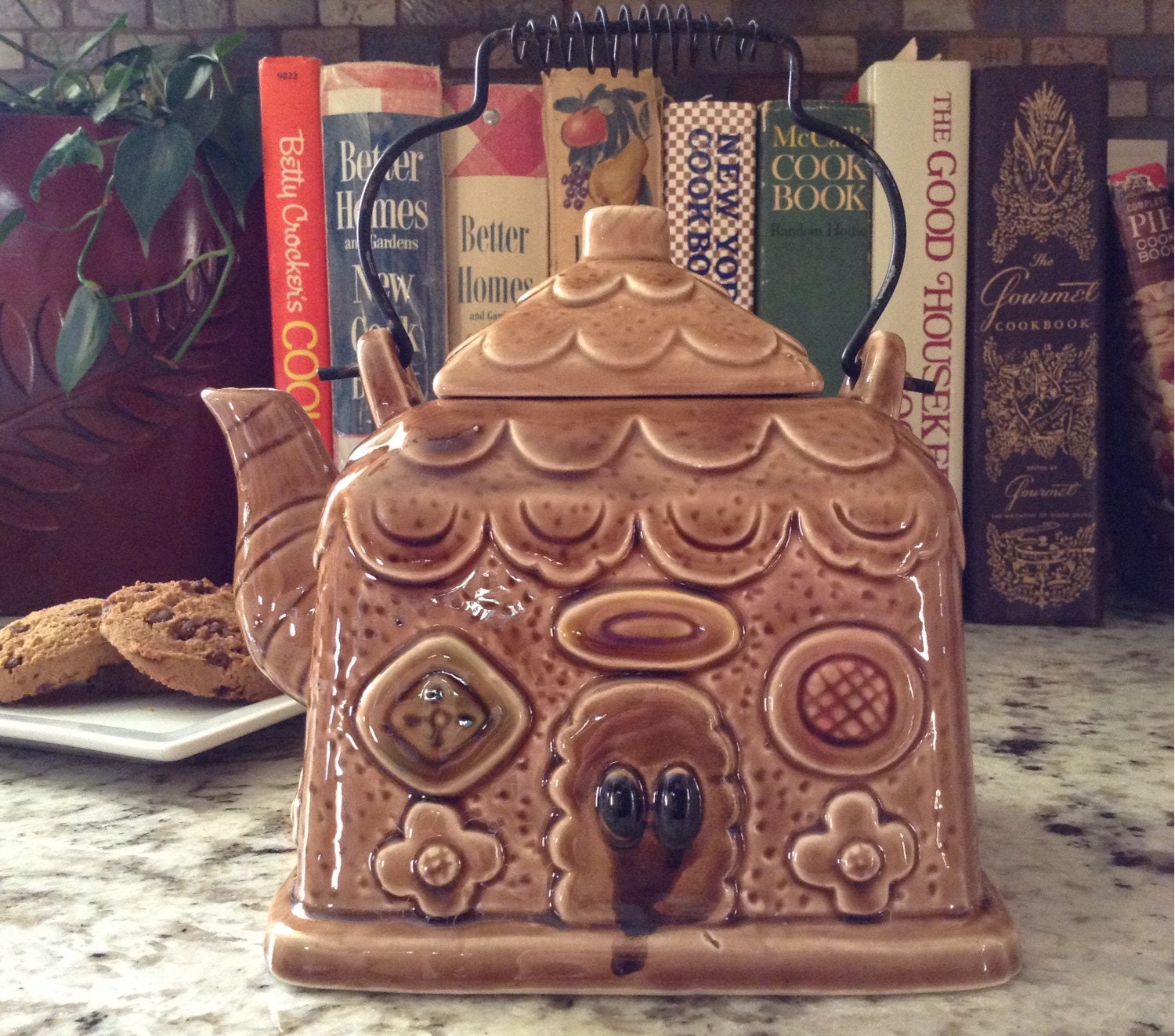 Vintage Gingerbread House Teapot With Wire HandleMade In