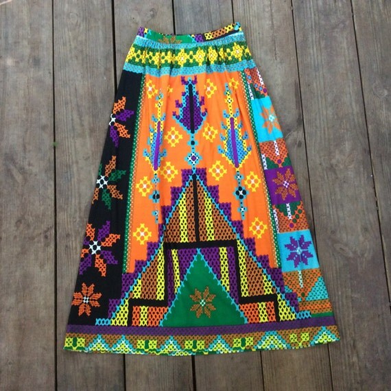 Vintage Psychedelic Abstract Day-Glo Maxi Skirt / Made by