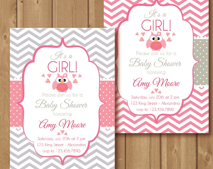 Baby Shower Invitation. Baby girl. Chevron style babyshower invitation. Owl babyshower. Printable