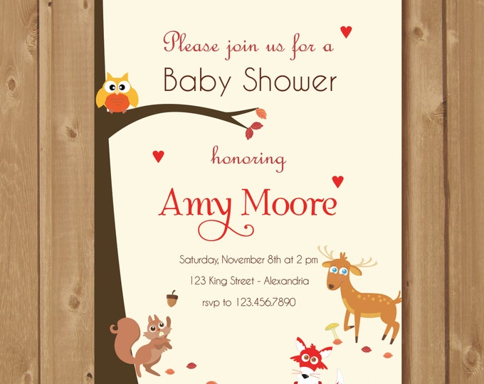 Woodland Babyshower Invitation. Babyshower invite with forest animals. Woodland fairy printable invitation with owl, fox, deer and squirrel.