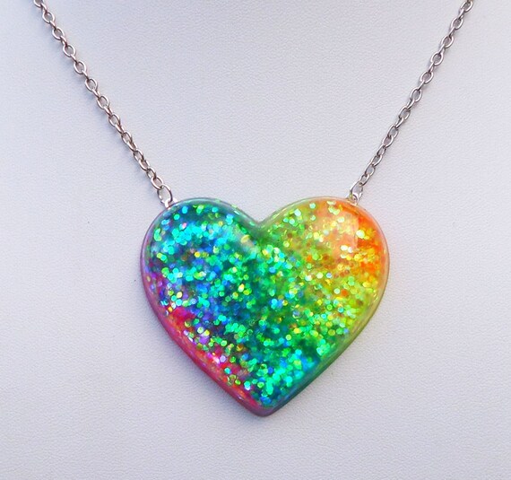 Heart Shaped Rainbow Glitter Resin Pendant by CandyShockUK on Etsy
