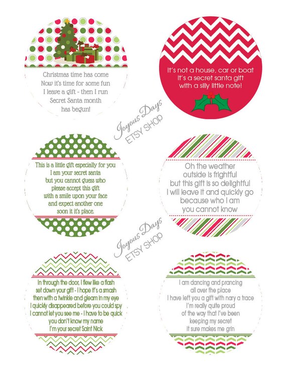 Secret Santa Gift Tags/Labels Set of 12 3 inch by JoyousDays