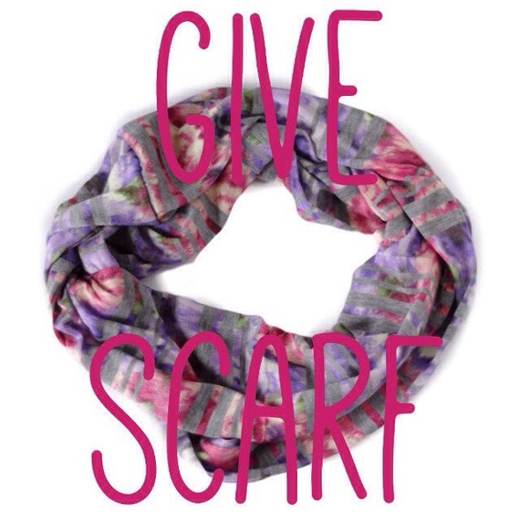 February "Give" Scarf: Women's Floral & Gray Striped Infinity Scarf- Spring Everyday Pitter Patter