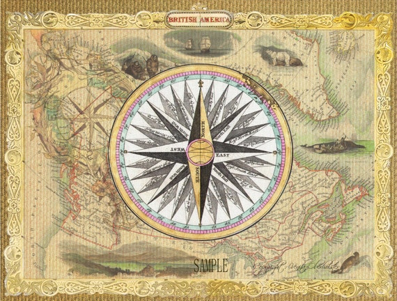 Items similar to Collage Art Nautical Vintage Compass on Map Digital ...