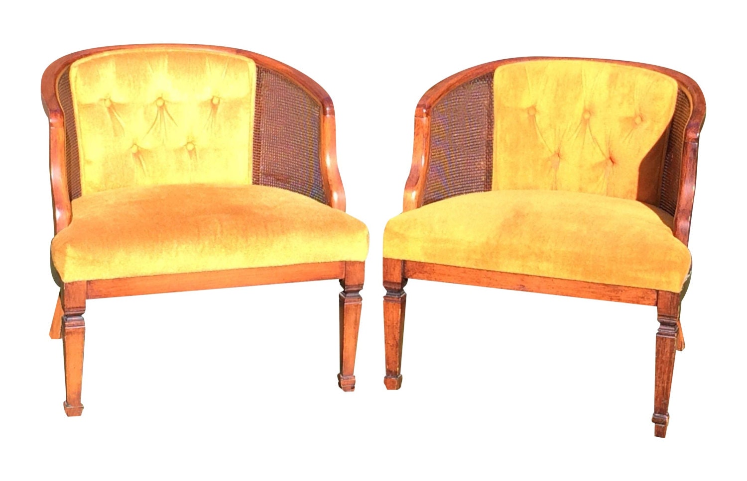 Vintage Cane Barrel Chairs Tufted Mustard Yellow Velvet A
