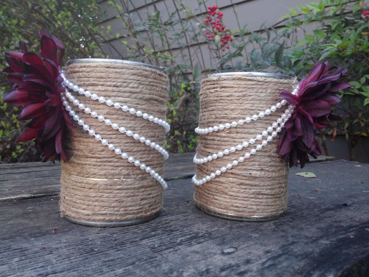 2 Upcycled Jute Twine Tin Cans Pencil Holder Makeup by craftyjtown