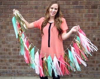 Mint pink and gold tissue paper tassel garland