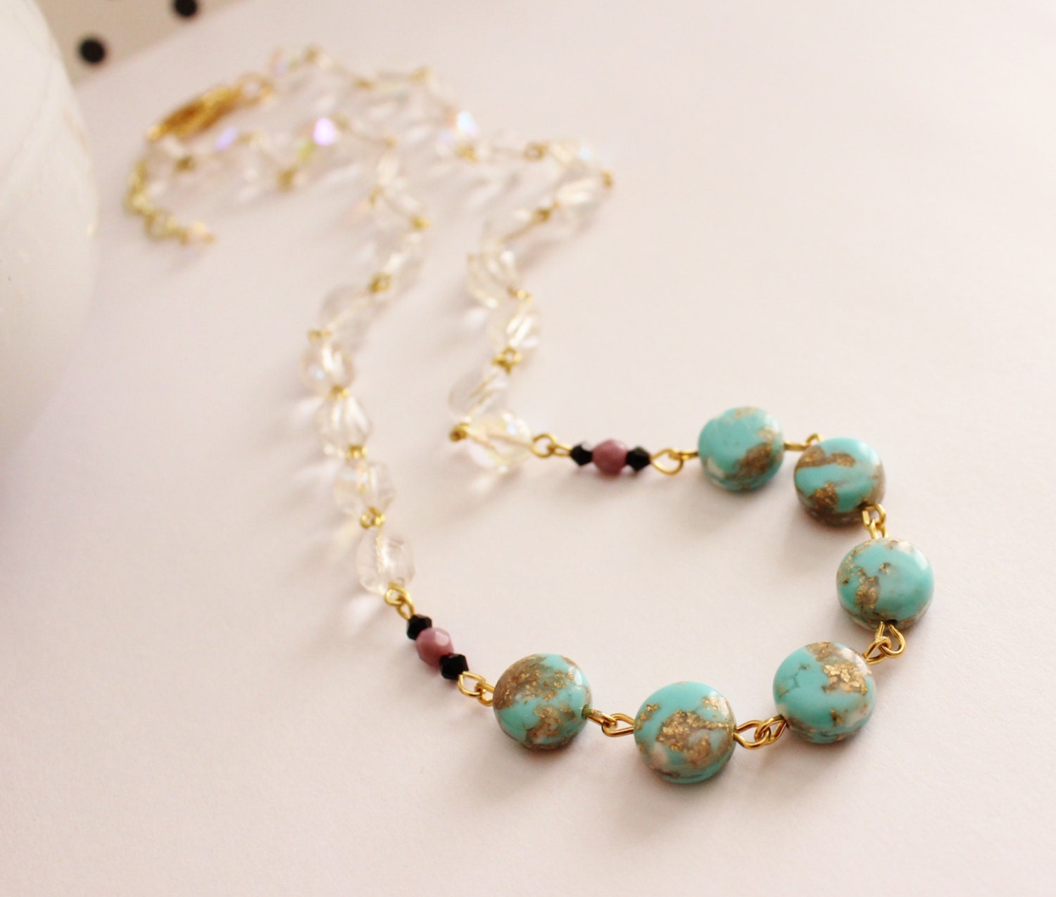 Crystal Necklace. Aqua Beads. Gold Plated. Special Occasion.