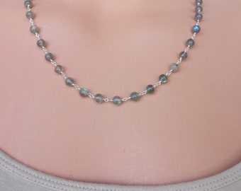 Labradorite Beaded Chain Sterling Silver Labradorite Necklace Labradorite Blue Flash Necklace Hand Wrapped Labradorite Beaded Chain LB016