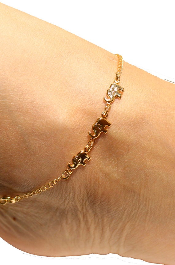 Elephant Charm Anklet 18k Gold Plated Bracelet 10 inch Women