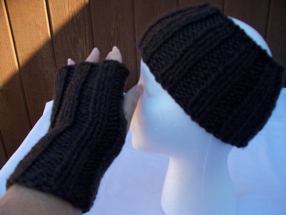 Items similar to Knit Brown Head Band / Ear Warmer and Fingerless Gloves Set,...