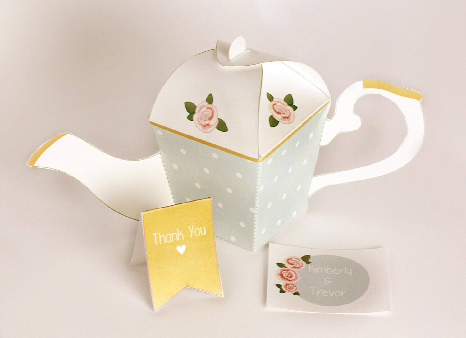 Teapot Favor Box instant download teal poka dot roses Tea