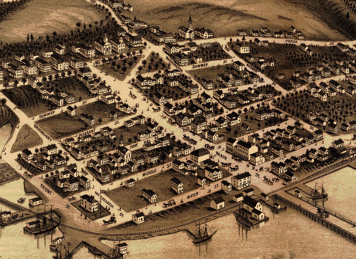 Wiscasset Maine in 1878 Bird's Eye View Map by OldMapsOfThe1800s