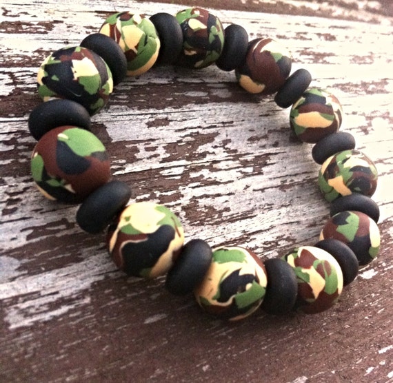 Camoflauge Bracelet with Polymer Clay Beads Army Jewelry