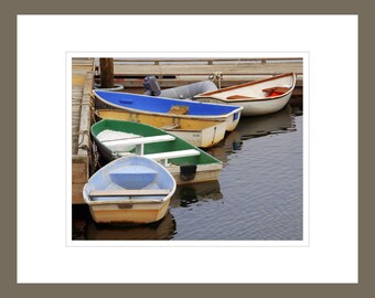 Colorful Wooden Row Boats Tied to Dock in Harbor, Fine Art Photography 