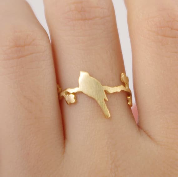 Bird on branch ring, bird ring, silhouette ring, nature ring, minimalist ring, minimal boho, gift, cute bird ring, ring, creative jewellery