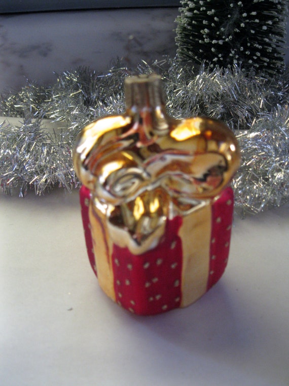 Items similar to Glass ornament, Christmas Gift Package, figural ornament, hand blown ornament