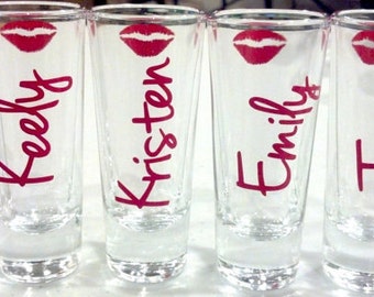 Sorority shot glasses, lips and names. Big sister, little sister shooter glasses. Kiss mark in red or pink. Personalized Christmas gift