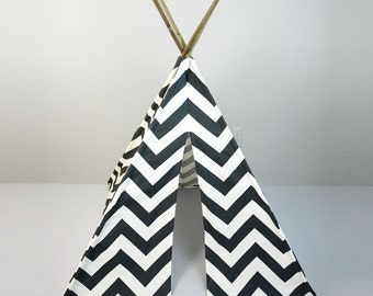Kids Teepee Play Tent in Charcoal Gray and White Large Chevron Zig Zag Tipi