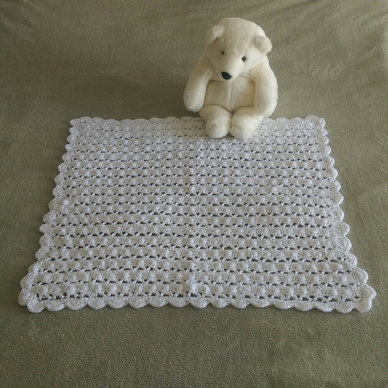 Crochet Baby Blanket Popcorn Stitch in White 26 x