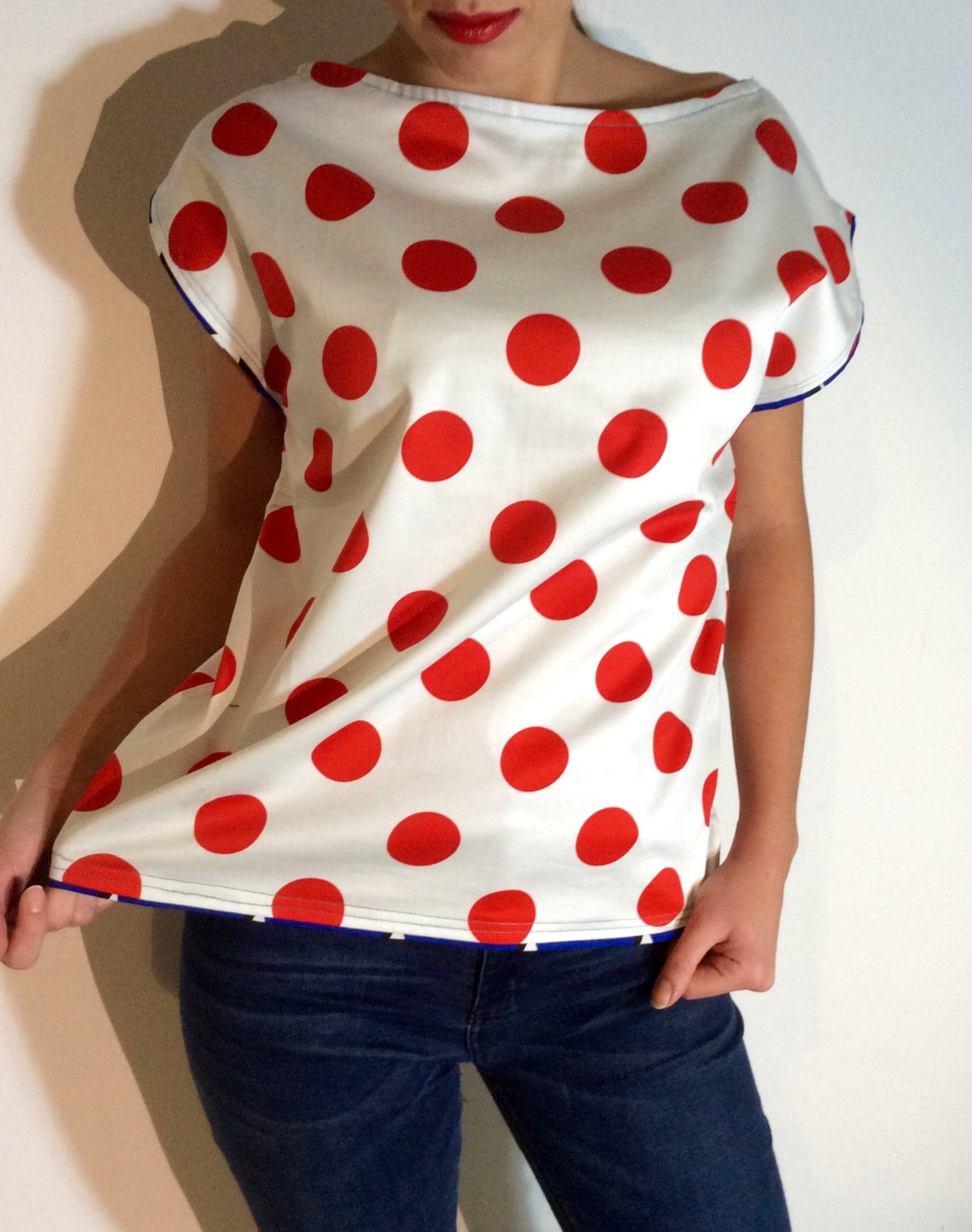 Red White Polka Dot Shirt Blouse Women Tshirt Handmade