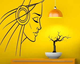 Girl Silhouette Headphones Wall Decal Music Vinyl Decal Sticker Murals Interior Recording Night Club Decor (24za7he)