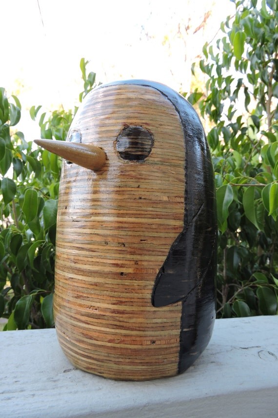 MEGA Gunter Wood penguin piggy bank hand crafted layered wood