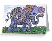 Zentangle Purple Elephant - Set of 4 Blank Note Cards from Original Watercolor Painting