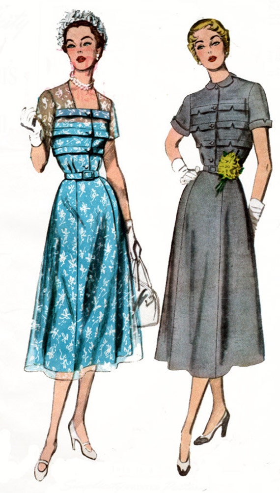 Vintage 1950s Designer Dress with Horizontal bodice tucks and